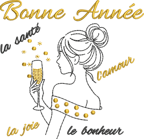 Femme élégante tenant une coupe de champagne avec Bonne Année, la joie, la santé, l’amour et le bonheur – motif broderie machine 10x10
