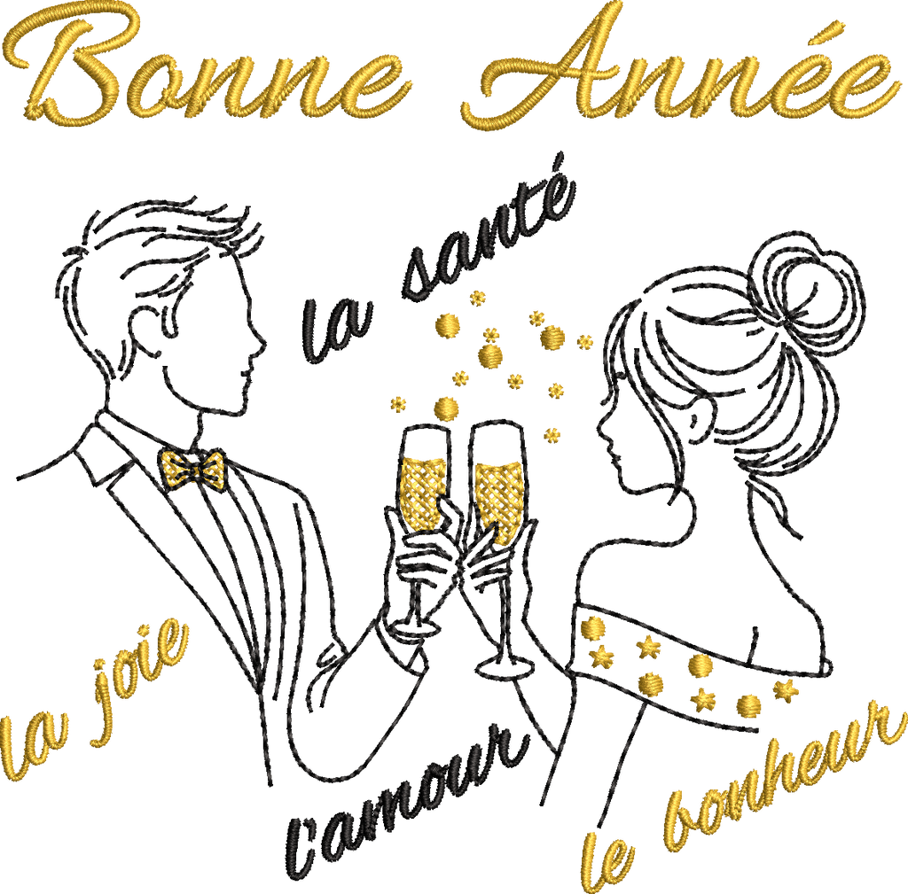 Couple trinquant au champagne avec Bonne Année, la joie, la santé, l’amour et le bonheur – motif de broderie machine 10x10