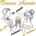 Couple trinquant au champagne avec Bonne Année, la joie, la santé, l’amour et le bonheur – motif de broderie machine 10x10