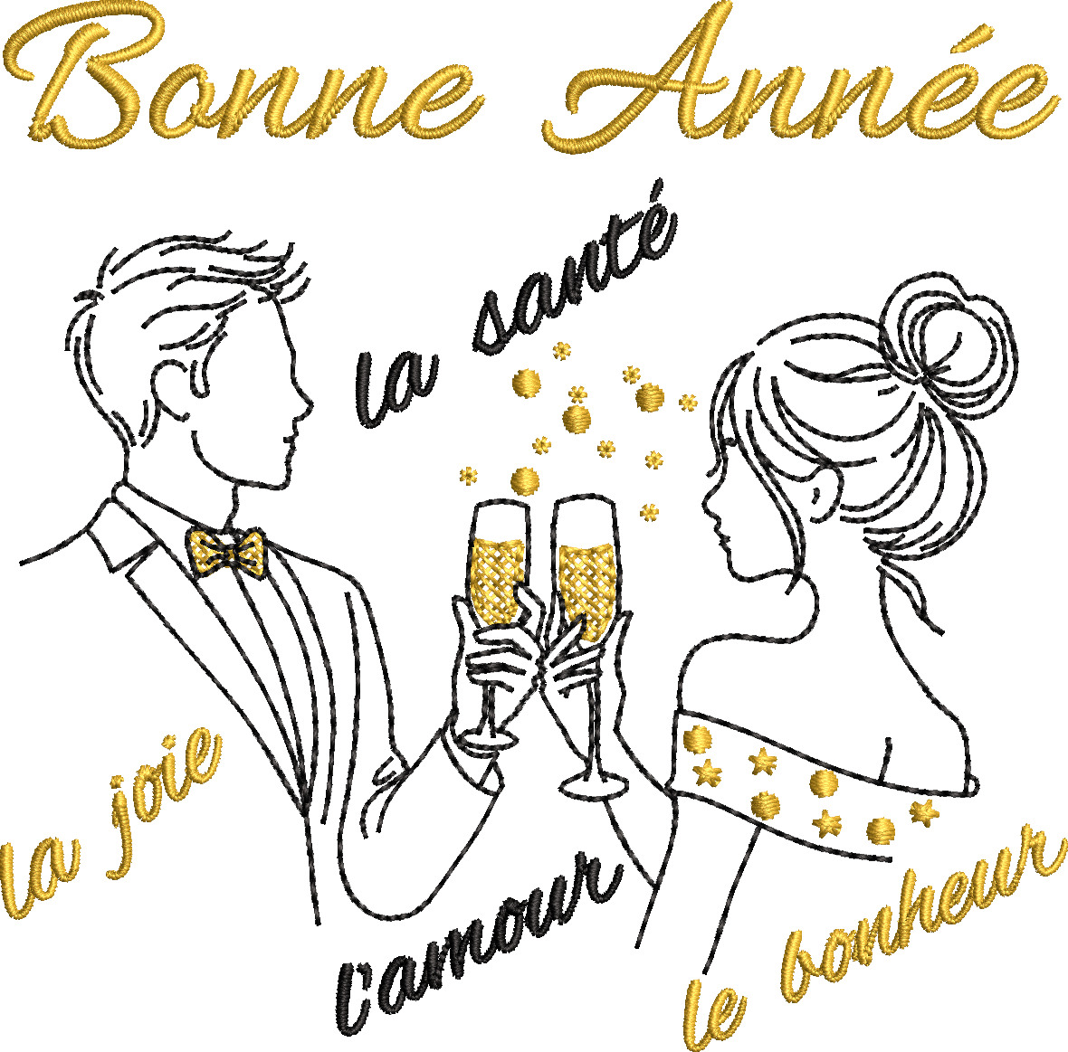 Couple trinquant au champagne avec Bonne Année, la joie, la santé, l’amour et le bonheur – motif de broderie machine 10x10