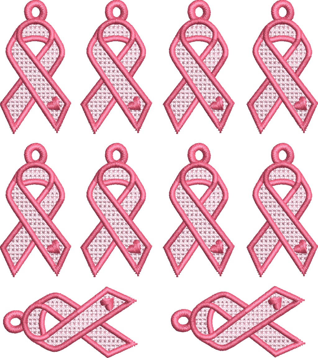 Plaque de broderie FSL Ruban Octobre Rose contenant plusieurs boucles d'oreilles et breloques à broder au format 10x10
