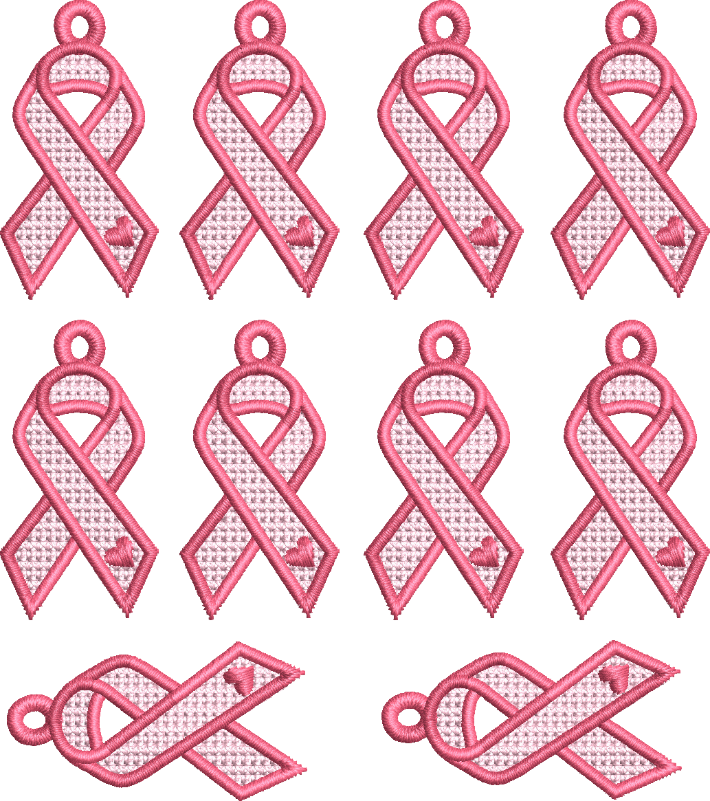 Plaque de broderie FSL Ruban Octobre Rose contenant plusieurs boucles d'oreilles et breloques à broder au format 10x10