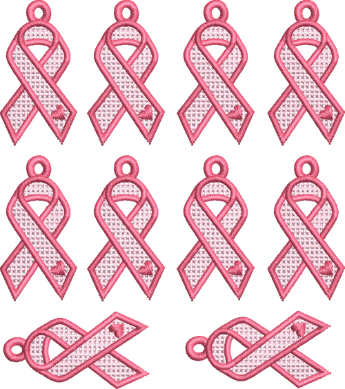 Plaque de broderie FSL Ruban Octobre Rose contenant plusieurs boucles d'oreilles et breloques à broder au format 10x10
