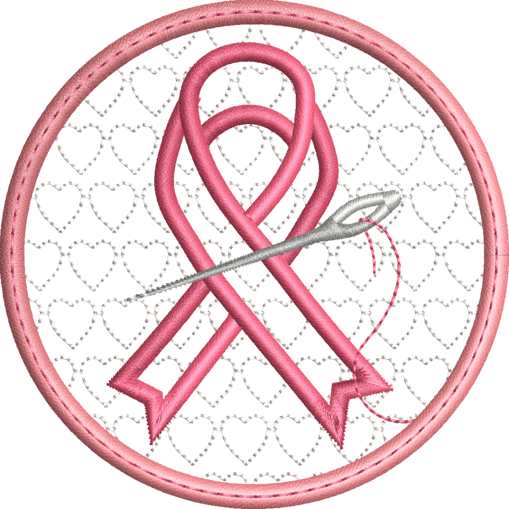 Motif de broderie sous-verre ou lingette Octobre Rose avec ruban rose, aiguille à coudre et fond décoré de petits cœurs brodés au format 10x10