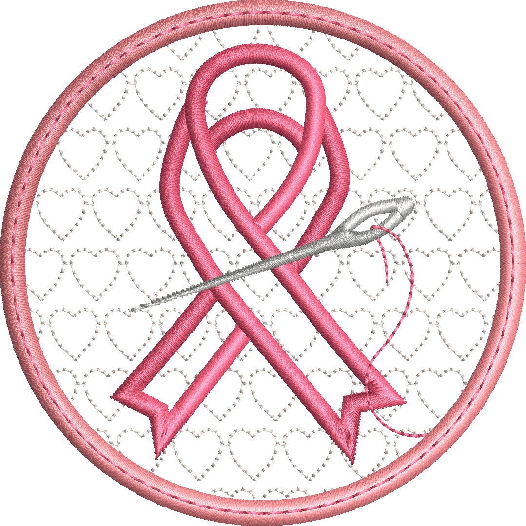 Motif de broderie sous-verre ou lingette Octobre Rose avec ruban rose, aiguille à coudre et fond décoré de petits cœurs brodés au format 10x10