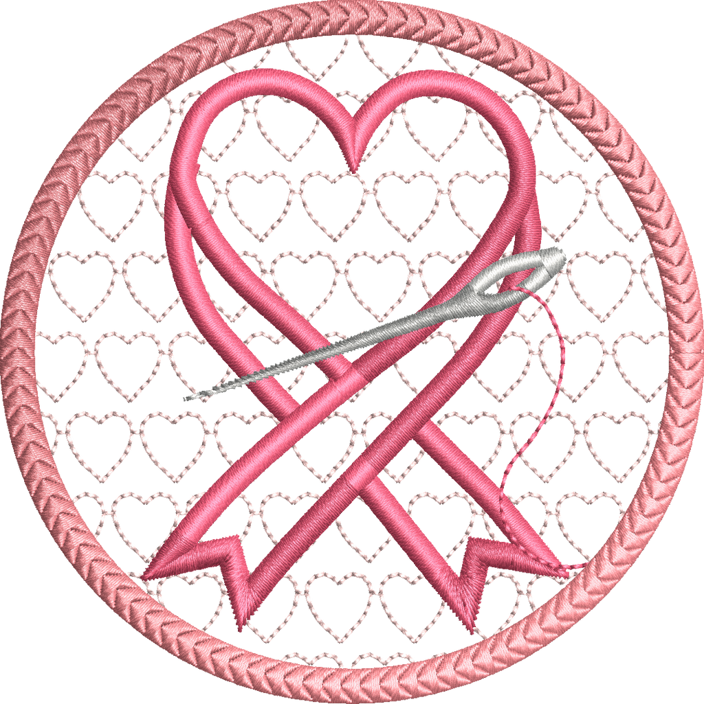 Motif de broderie sous-verre ou lingette Octobre Rose avec ruban en forme de cœur, aiguille à coudre au format 10x10