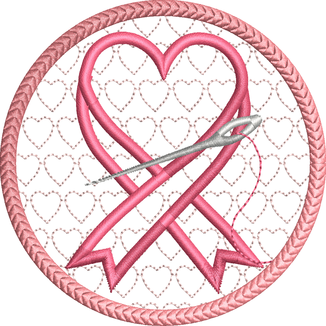 Motif de broderie sous-verre ou lingette Octobre Rose avec ruban en forme de cœur, aiguille à coudre au format 10x10